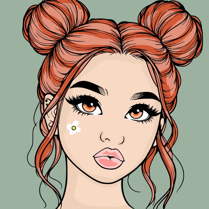 realistic girl with two buns on her hair and lips