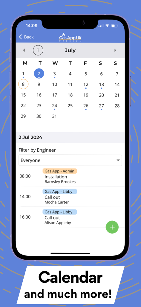 Gas App Uk mobile application interface showing a professional job calendar and engineer schedule