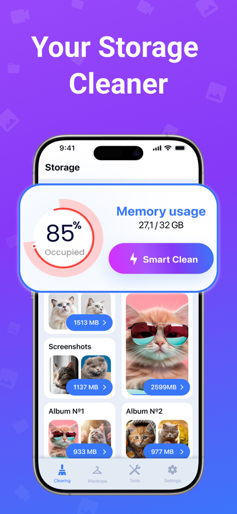 Storage Cleaner - Boost Mobile - Storage Cleaner app dashboard showing 85 percent memory usage and smart clean button