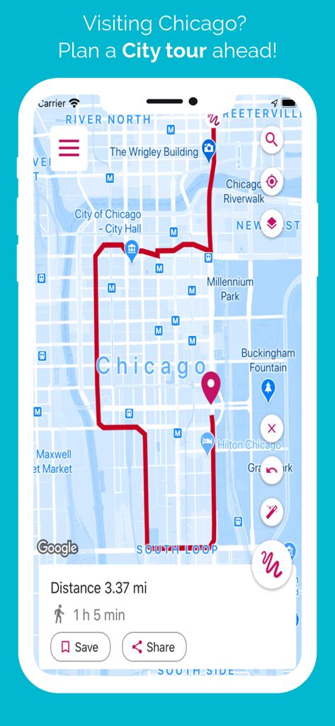 Just Draw It! Route planner - A custom city tour walking route drawn on a Chicago map using the Just Draw It Route planner app.