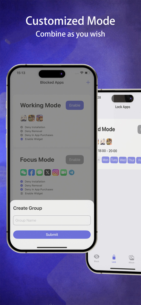 App Lock – Apps Blocker - Smartphone-Oberfläche mit anpassbaren Einstellungen für den Arbeitsmodus und Fokusmodus mit Optionen zur Verweigerung von App-Installationen und -Entfernungen.