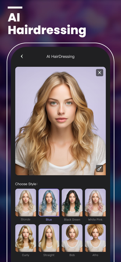 Interfaz de la aplicación UniDream AI mostrando opciones de peluquería IA para diferentes colores y estilos de pelo