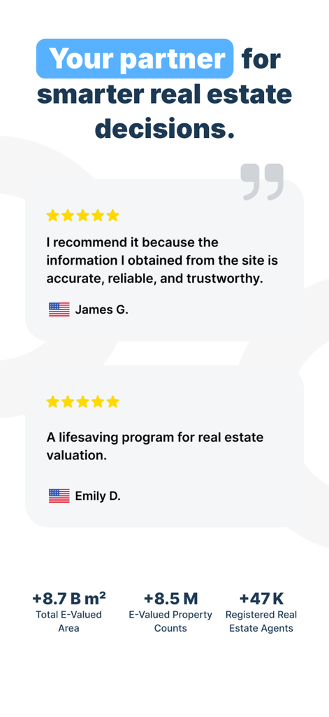 Écran de l'application Endeksa montrant des témoignages clients positifs et des statistiques mondiales d'évaluation immobilière.