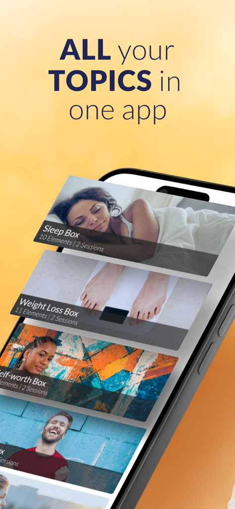 HypnoBox: Hypnosis & Sleep - HypnoBox app interface showing various hypnosis categories like sleep and weight loss