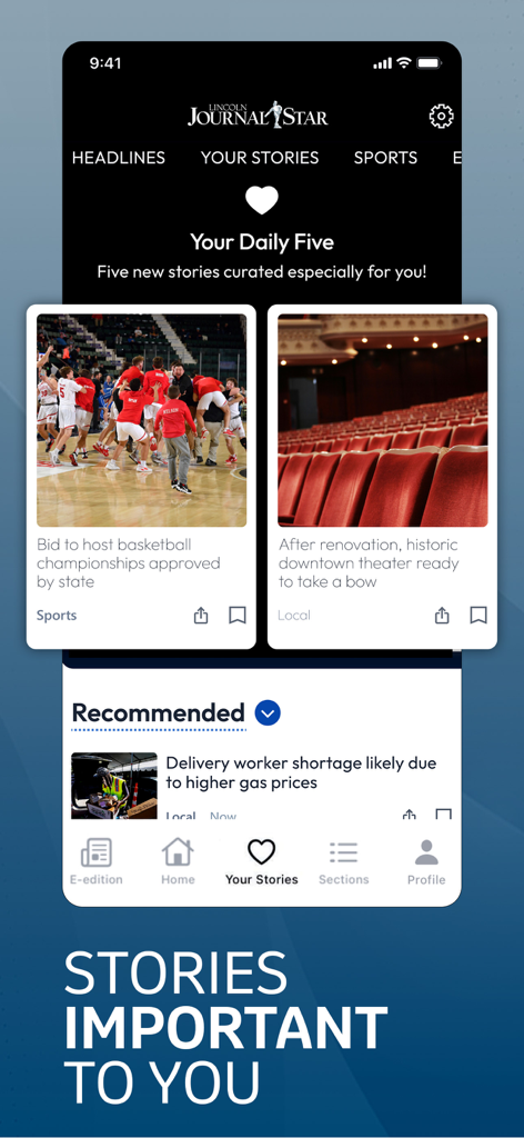 Journal Star - A mobile app screen for Lincoln Journal Star featuring personalized local news and sports headlines