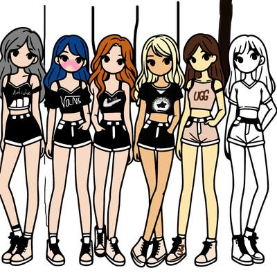 a group of girls wearing crop tops and shorts