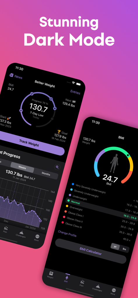 Better Weight app interface featuring dark mode with weight tracking progress and BMI calculator.