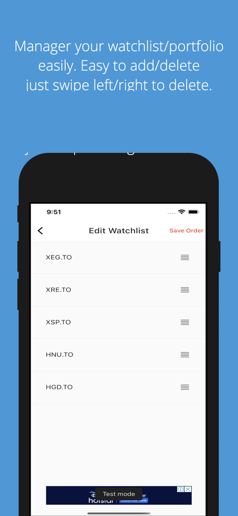 Écran de smartphone montrant la fonction d'édition de la liste de surveillance dans l'application Canada Stock Market Live listant les actions TSX