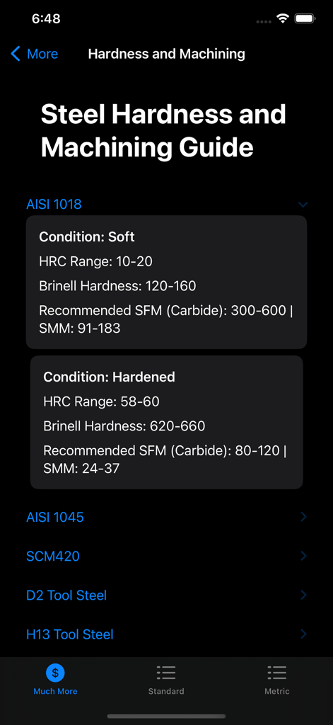 Machinist Pocket Pal app screen displaying a steel hardness and machining guide for AISI 1018 steel including HRC and Brinell ranges