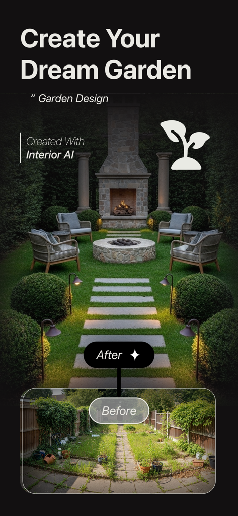 Interior AI: AI Home Designer - AI로 만든 고급스러운 뒷마당 리모델링을 보여주는 전후 정원 변신.