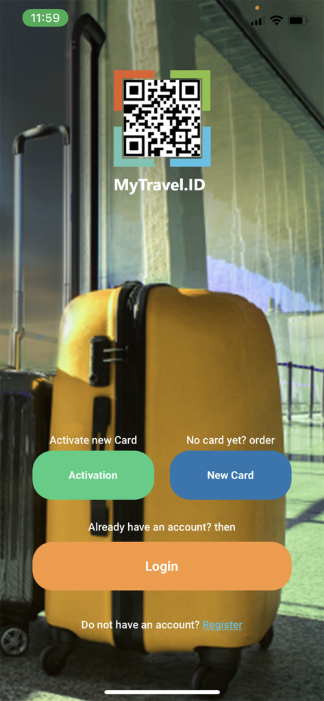 MyTravel.ID - Home screen of the MyTravel.ID app showing buttons for card activation new card orders and login over a yellow suitcase background