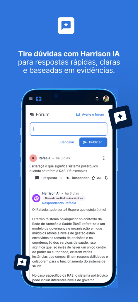 Screenshot of the Aristo Class app showing the Harrison AI assistant responding to a medical forum post.