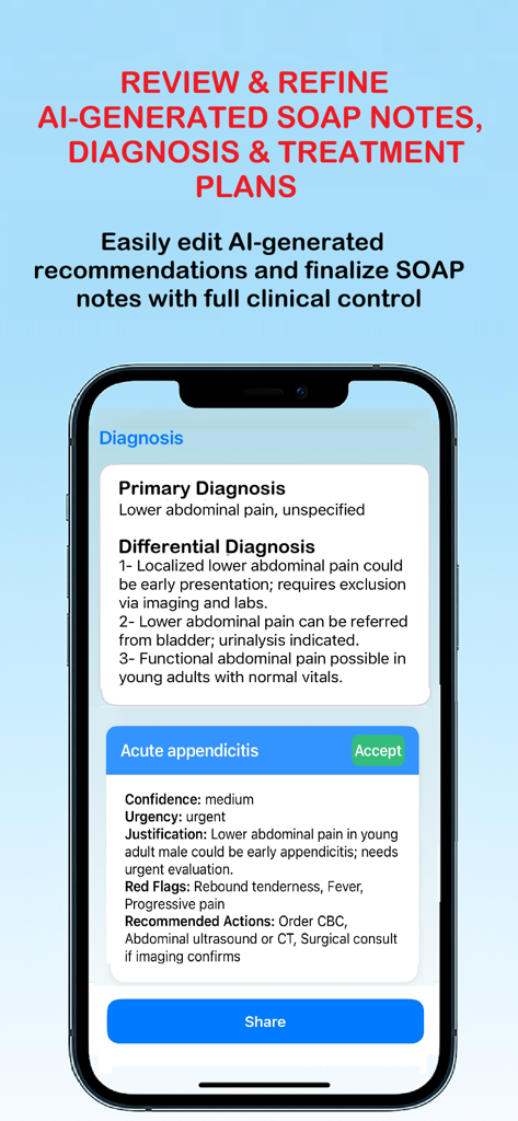 Smartphone screen displaying AI generated medical diagnosis and clinical notes for healthcare professionals