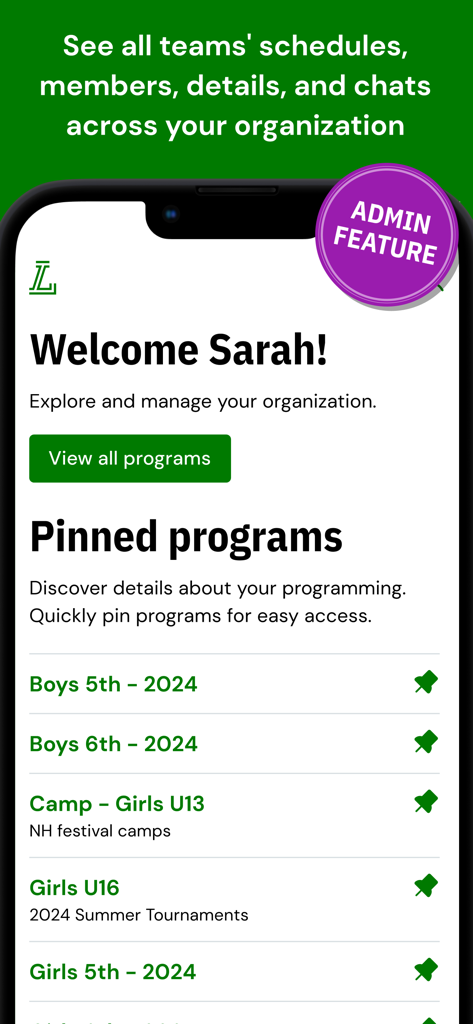 LeagueApps Play App Admin-Dashboard, das angepinnte Jugendsportprogramme und Organisationsmanagement anzeigt