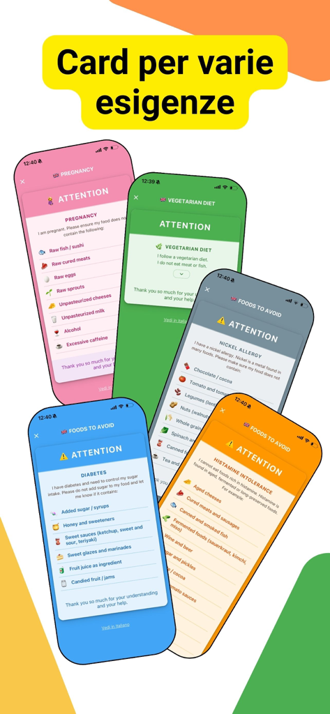 AllergiApp - Telas coloridas de smartphone mostrando cartões do AllergiApp para gravidez, dieta vegetariana e várias alergias alimentares