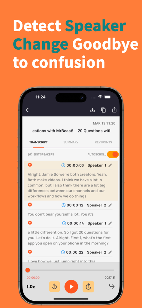 音声認識アプリのインターフェース。自動話し手検出と文字起こしが表示されています