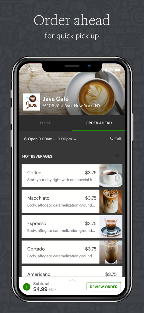 Clover - Clover mobile app interface showing a coffee shop menu with options to order ahead for quick pickup