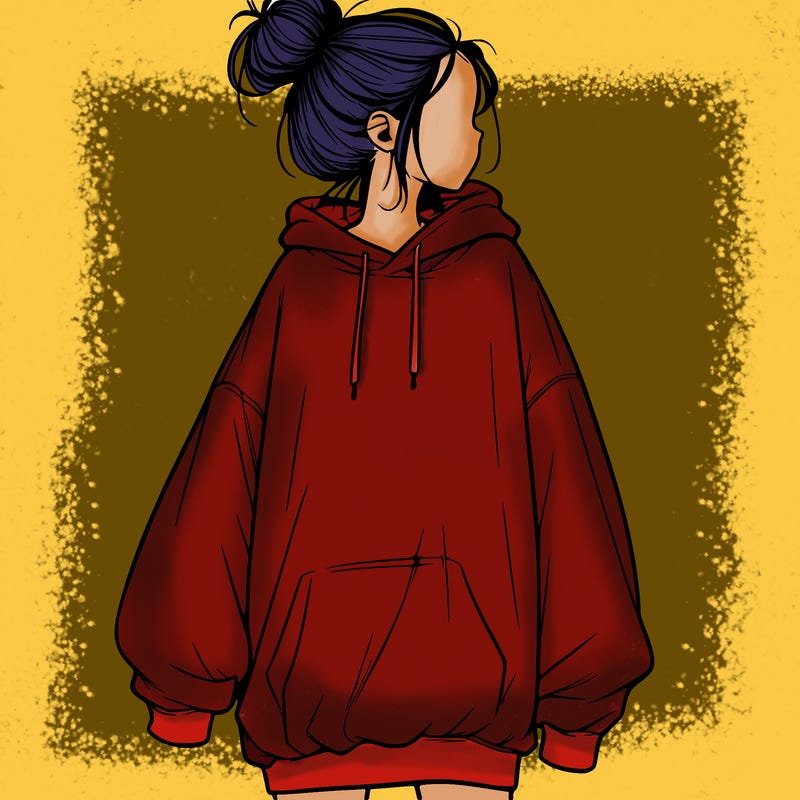 realistic girl with a oversized sweatshirt on and a bun
