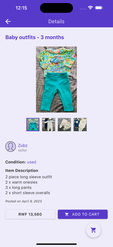 Captura de tela do aplicativo UZA Rwanda mostrando uma página de produto para roupas de bebê usadas com preço e botão adicionar ao carrinho