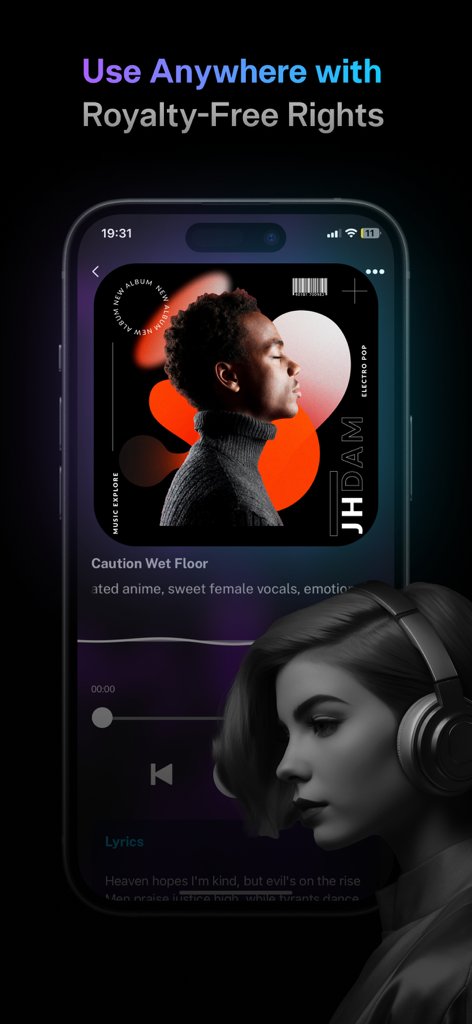 AI Song Generator Music - Interfaz de la aplicación móvil AI Song Generator destacando los derechos libres de regalías para la creación de música