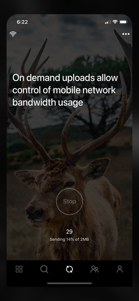 Photos+ Cloud Library - App interface showing on-demand upload progress and mobile bandwidth control