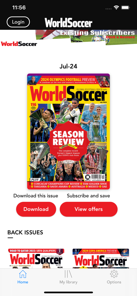 World Soccer Magazine - Pantalla de inicio de la aplicación World Soccer Magazine mostrando la edición digital de la revisión de temporada de julio de 2024 y las opciones de descarga