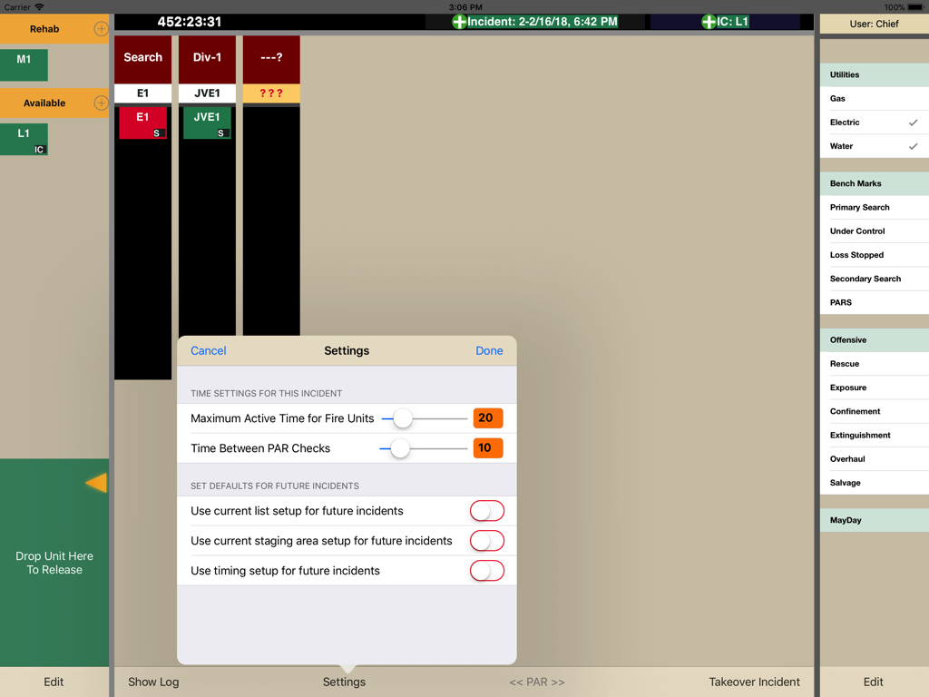 Total Command - Settings menu in Total Command app for configuring active unit time and PAR check intervals on the incident dashboard.
