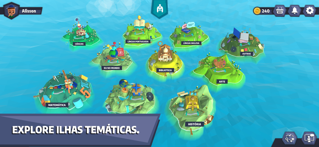 Mapa de ilhas temáticas representando diferentes matérias escolares no aplicativo educacional Meu Bernoulli XP.