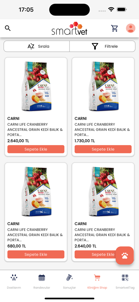 SmartVET mobile app shop interface showing premium cat food products with prices and purchase buttons.