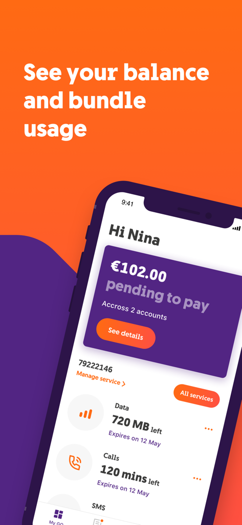 GO App dashboard showing pending balance and real-time data and call usage monitoring.