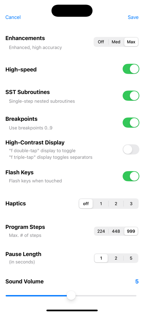 고속 프로그램 단계 및 햅틱 옵션을 보여주는 RPN-67 SD 계산기 앱의 고급 설정 메뉴