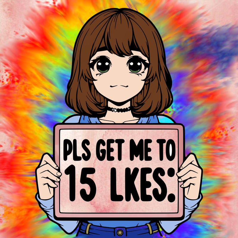 realistic girl holding up a sign that says “pls get me to 15 likes!”