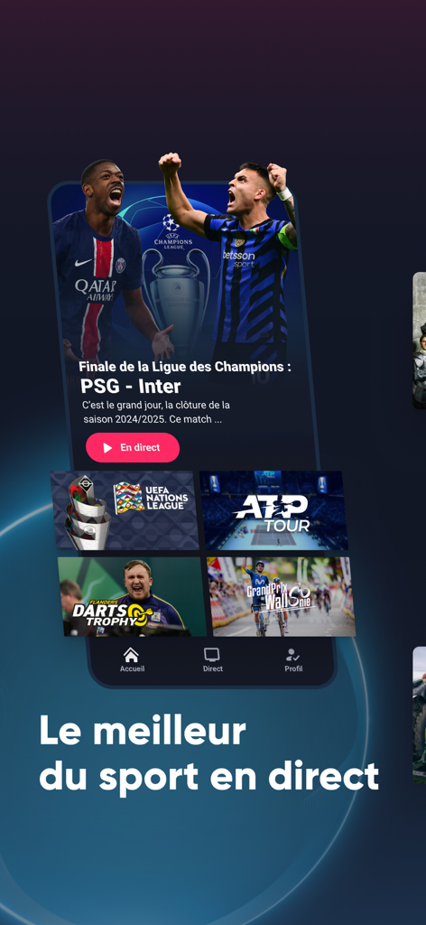 RTL play - Streaming et direct - RTL play app interface showing live sports streaming options for football and tennis