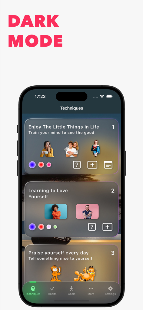 iHappy - Personal Happy Diary - A mobile phone screen showing the iHappy app in dark mode featuring various mental wellness techniques.