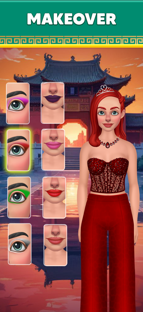 Una pantalla de cambio de imagen de personaje en Mahjong Infinity mostrando diferentes opciones de maquillaje y peinado para un avatar femenino pelirrojo.