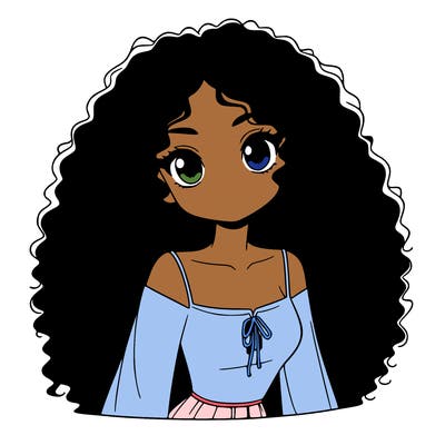 a black anime girl with long afro hair