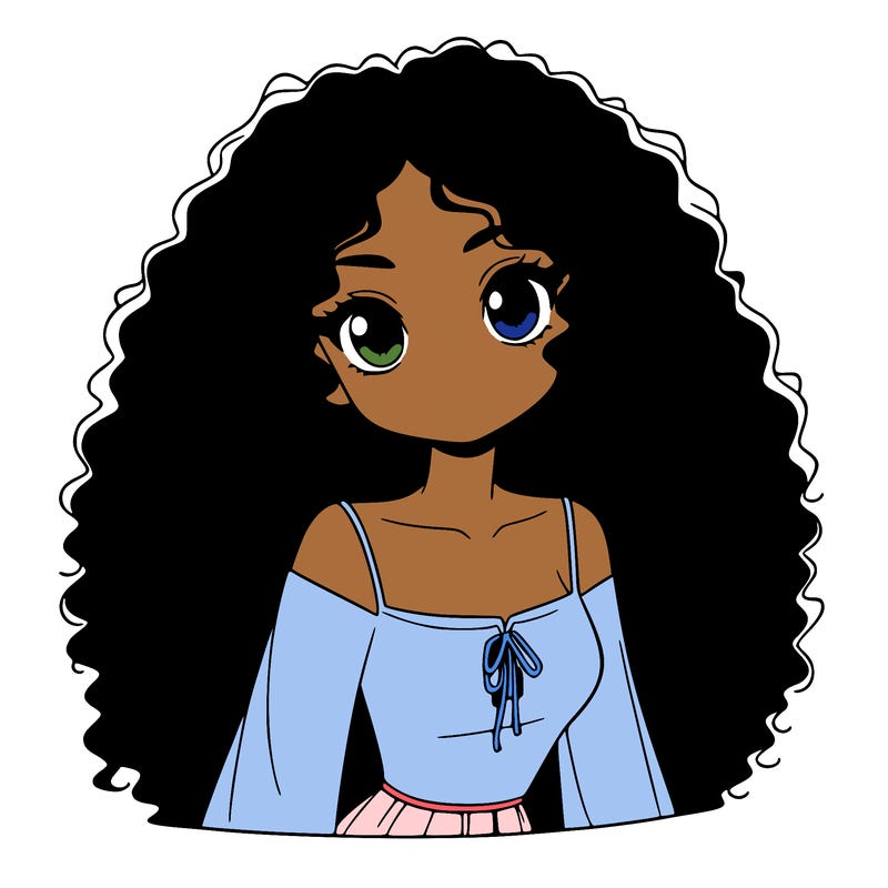 a black anime girl with long afro hair