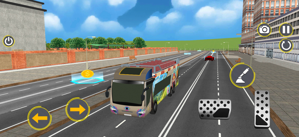 Double decker bus driving on a city road with mobile touch controls in the Offroad Bus Simulator Driver game