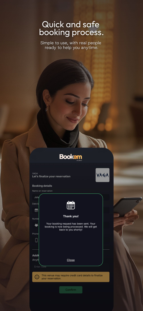Bookem Dubai - A mobile app screen displaying a successful booking confirmation for a luxury venue in Dubai.