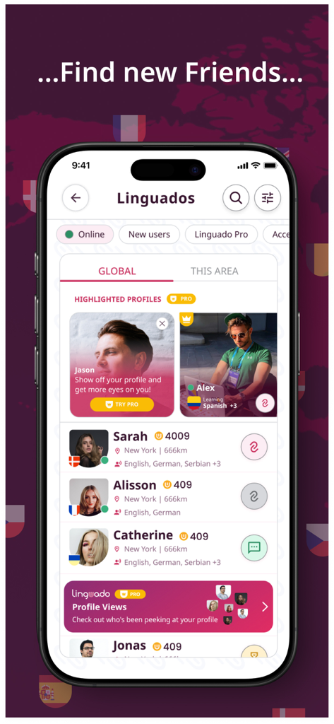 Linguado - A mobile screen of the Linguado app showing a list of global profiles to find new friends