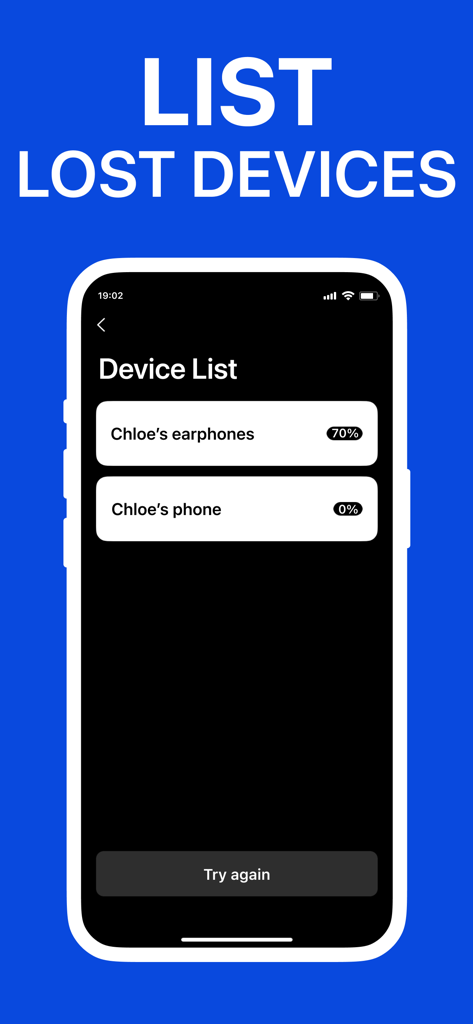 tracker detect - Interface of the tracker detect app showing a list of lost Bluetooth devices with signal strength percentages