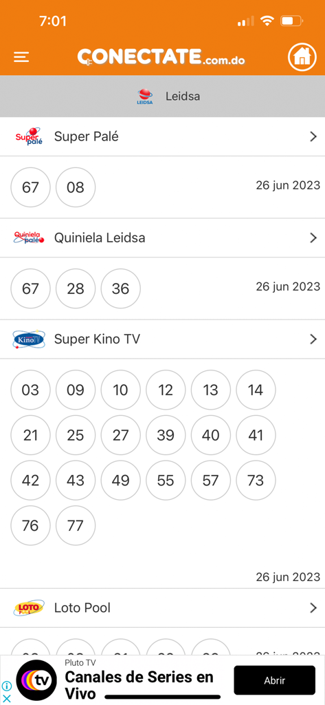 Conectate Loterías - Interfaz de la app móvil Conectate Loterias mostrando los resultados de la lotería Leidsa.