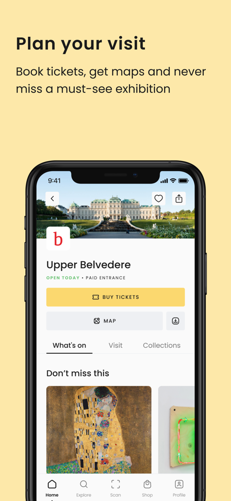 Smartify: Arts and Culture - Smartify-App-Oberfläche, die die Seite des Oberen Belvedere Museums mit Optionen zum Ticketkauf und zur Kartenansicht zeigt.