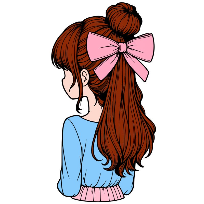 realistic girl  with hip length hair a bun and a big bow on the back of head