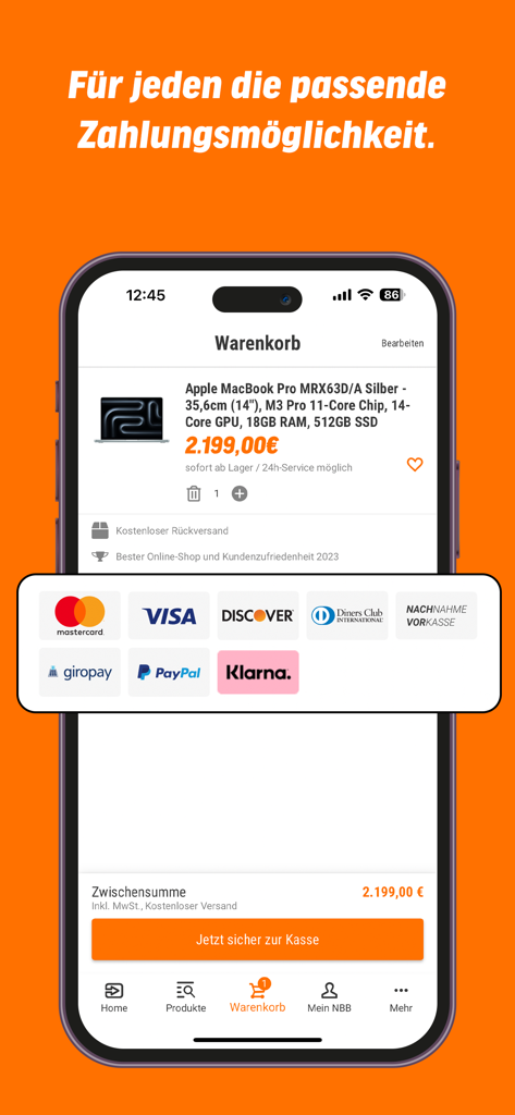 Vista del carrito de compras de la aplicación Notebooksbilliger que muestra un MacBook Pro y varias opciones de pago seguras, incluidas PayPal, Visa y Klarna