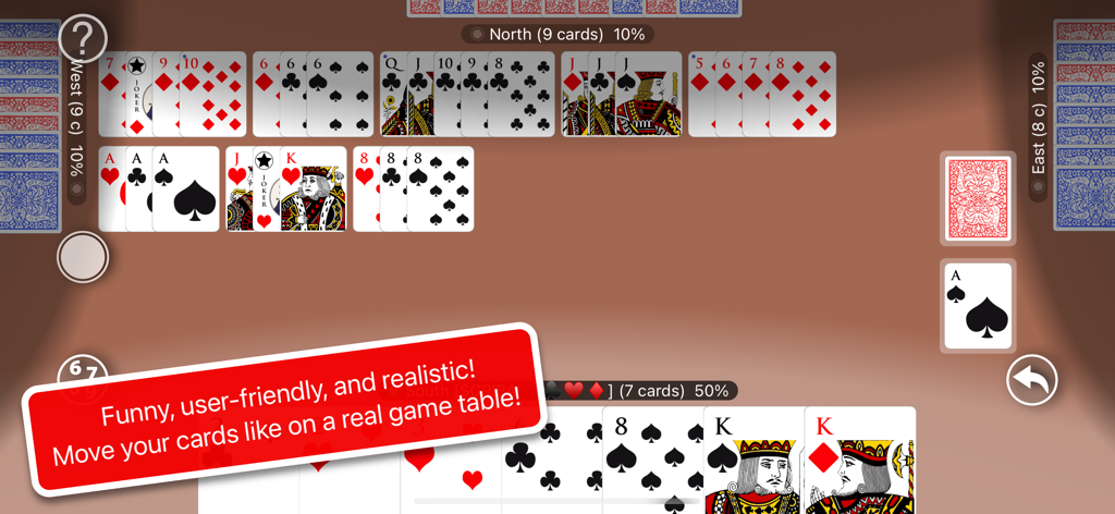 Kalooki Kaluki Kalookie - Gameplay screen of the Kalooki card game showing cards arranged in sets and runs on a digital table