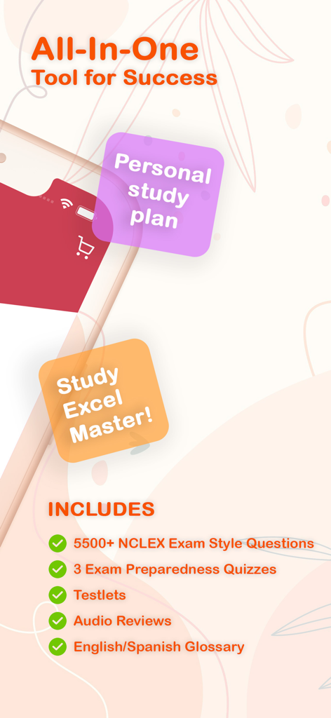 Écran promotionnel de l'application Saunders NCLEX-RN mettant en avant 5500 questions pratiques et des plans d'étude personnalisés