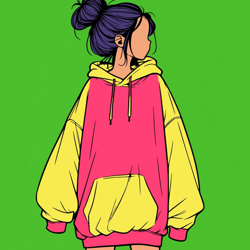 realistic girl with a oversized sweatshirt on and a bun