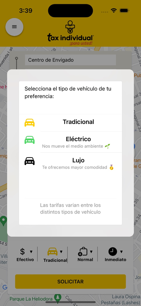 Tax Individual Pasajero - Mobile app interface for Tax Individual showing vehicle selection between traditional, electric, and luxury taxis