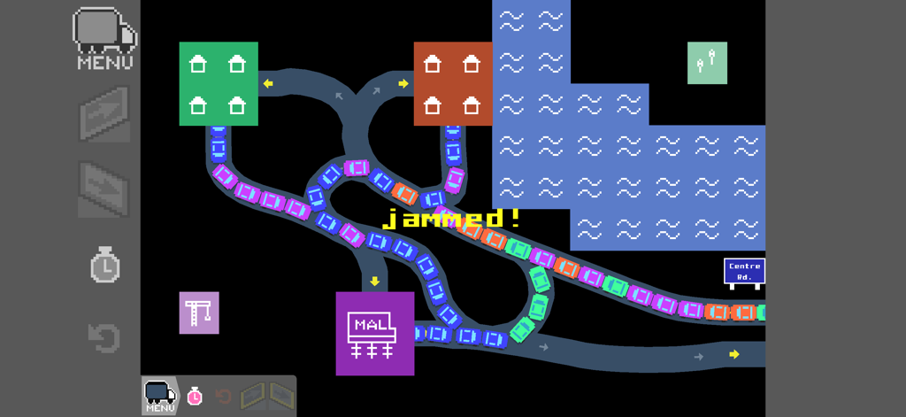 A top-down view of a pixelated freeway interchange with a traffic jam.